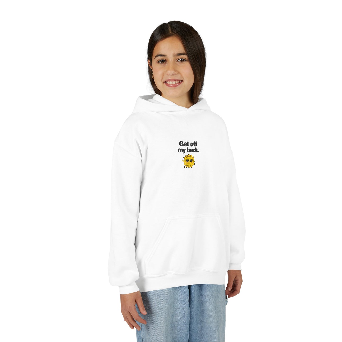 Youth Hoodie – "Get Off My Back" Cute Angry Sun Graphic