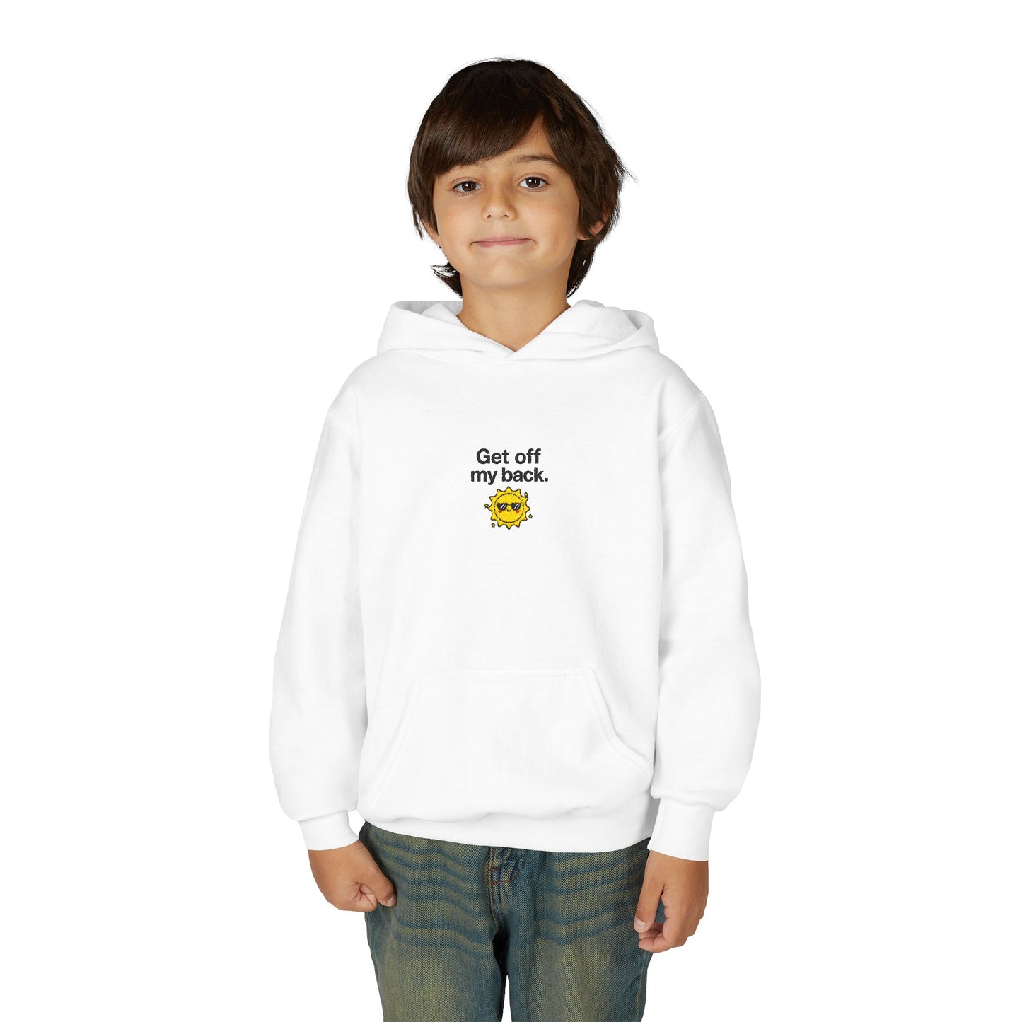 Youth Hoodie – "Get Off My Back" Cute Angry Sun Graphic
